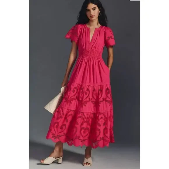 By Anthropologie The Somerset Pink Maxi Dress The Cutwork Edition Size XS Petite - Picture 1 of 9